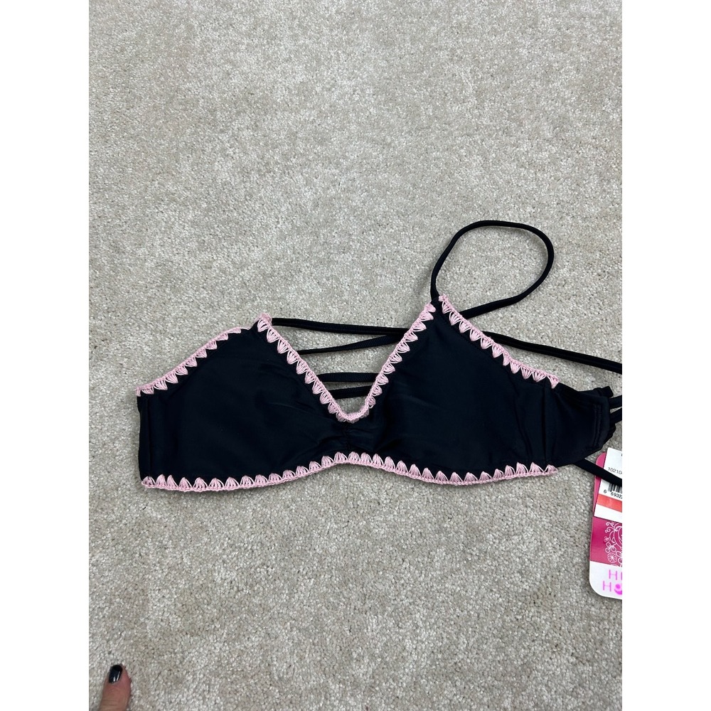 Hula Honey‎ Bikini Swim Top Women's XS Black Pink Crochet Trim Padded Nylon